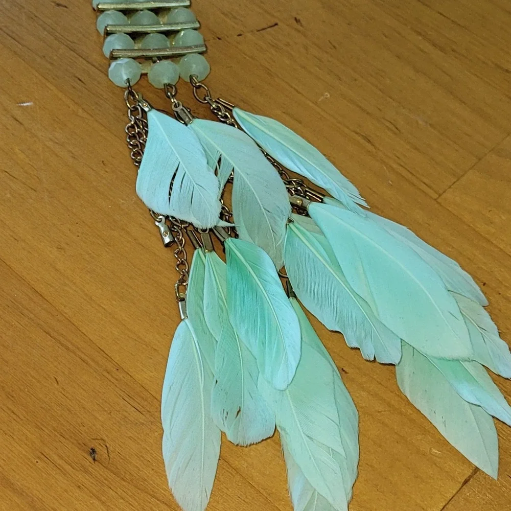 Vintage Mint Feather Necklace Multi Strand Boho Statement 31 Inch